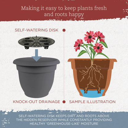 Ariana Pot Planter: 16" - Charcoal - Durable Resin Pot, for Indoor and Outdoor Use, Gardening, Self Watering Disk Included, 6 Gallon Capacity